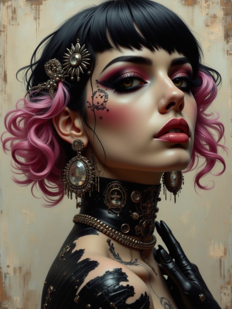 Surreal Steampunk Woman in Dystopian Cityscape