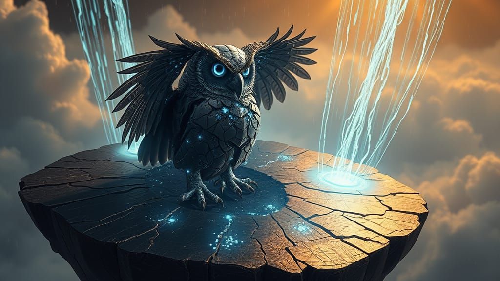 Biomechanical Owl on Floating Island: Hyperrealistic Sci-Fi ...