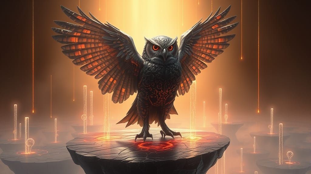 Biomechanical Owl Emerges from Obsidian Island