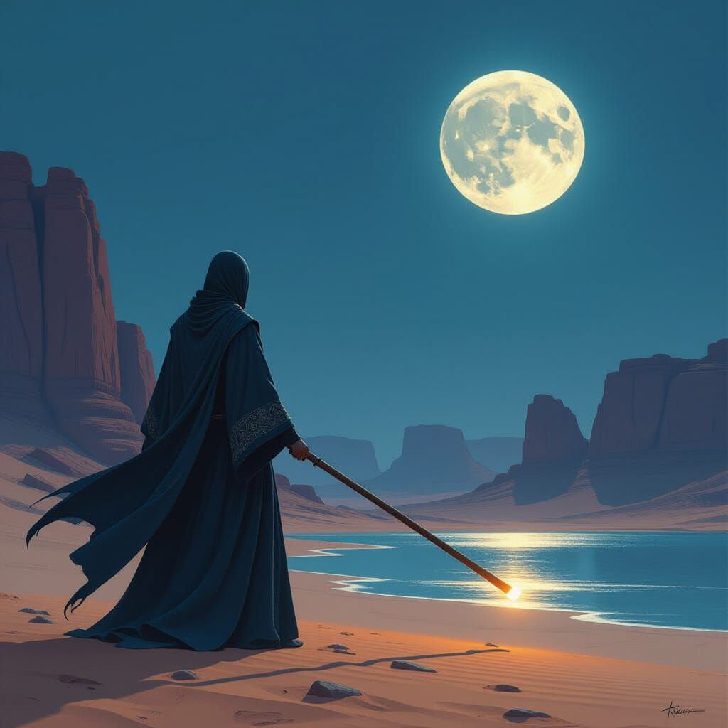 Desert Martial Artist Under Moonlight in Hyperrealism