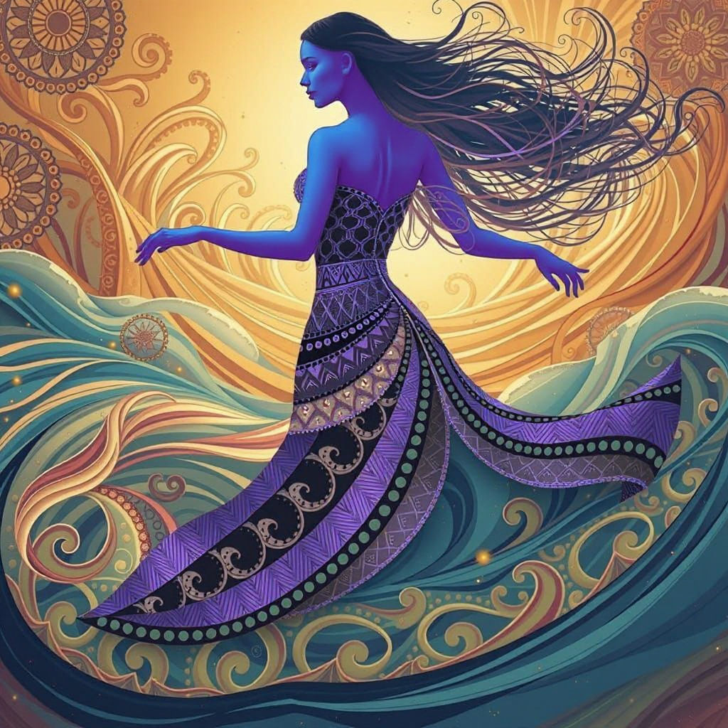 Elegant Woman Dancing on the Sea in Zentangle Style