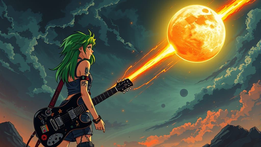 Electric Rock Star Frozen in Awe by Blazing Meteor