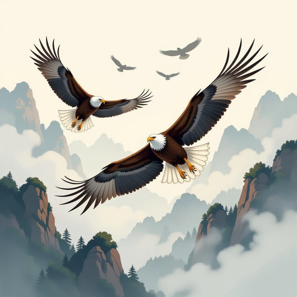 Eagles Soaring in Misty Skies: Intricate Line Art