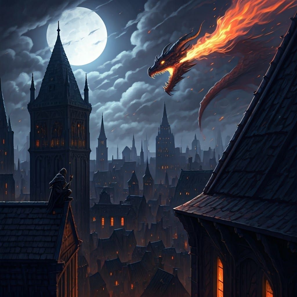 Mystical City Dragon Fire Night Scene