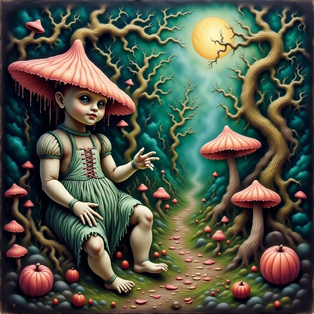 Weathered Baby Doll in Whimsical Candyland Landscape