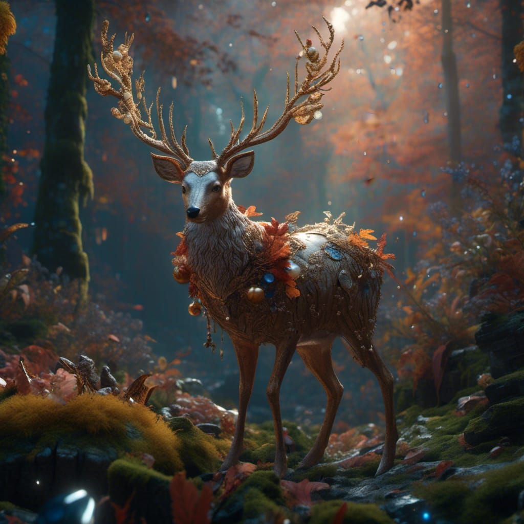 Winged Deer with Pearl Fur in Mystical Forest