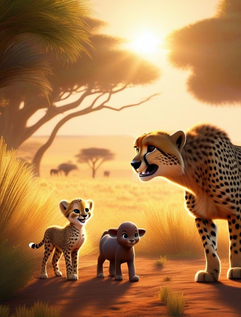 Cheetah Cub Stalks Baby Buffalo: Pixar Style