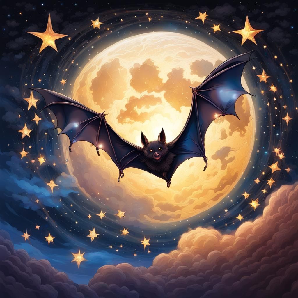 Jeweled Bat Soaring Under a Prismatic Moon