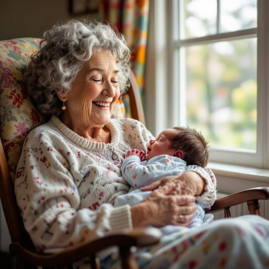 Elderly Woman Holds Newborn in Detailed Hyperrealistic Style