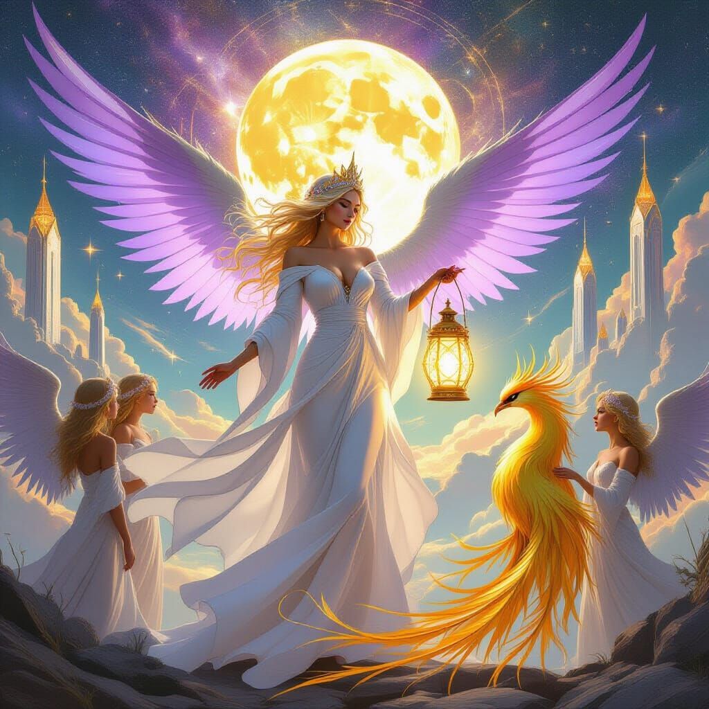 Woman Reborn Amidst Cosmic Angels and Golden Phoenix