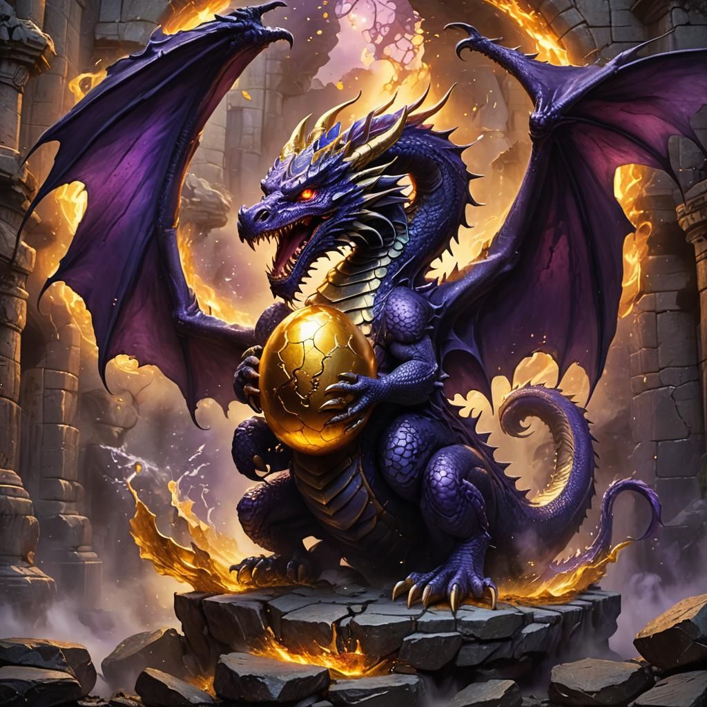 Purple Dragon Protecting Golden Egg: Dark Fantasy Art