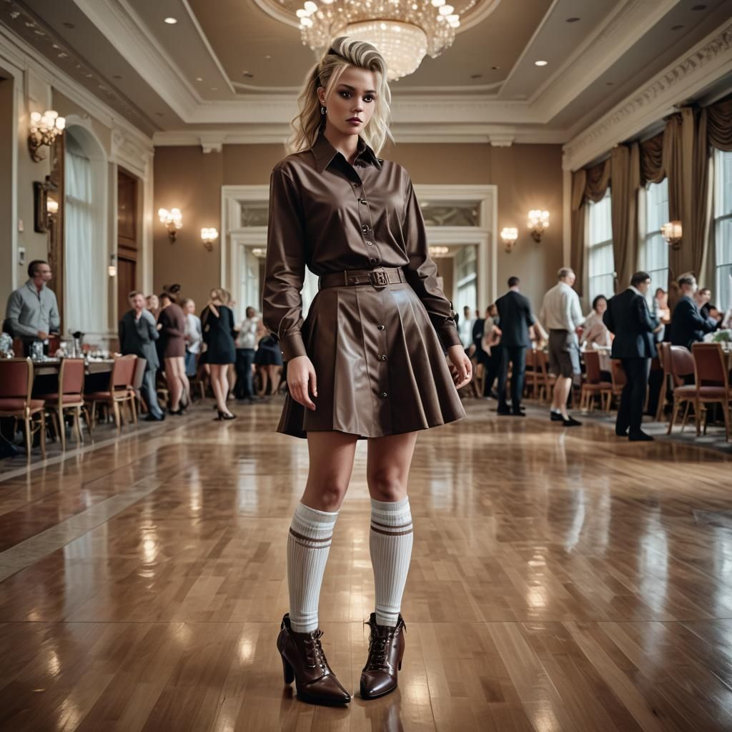 Woman in Chocolate Dress Stands in Ballroom