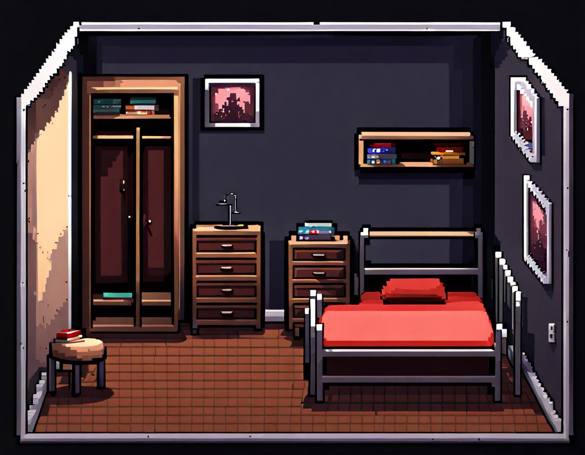 Pixel Art Horror Game Bedroom with Dark Closets
