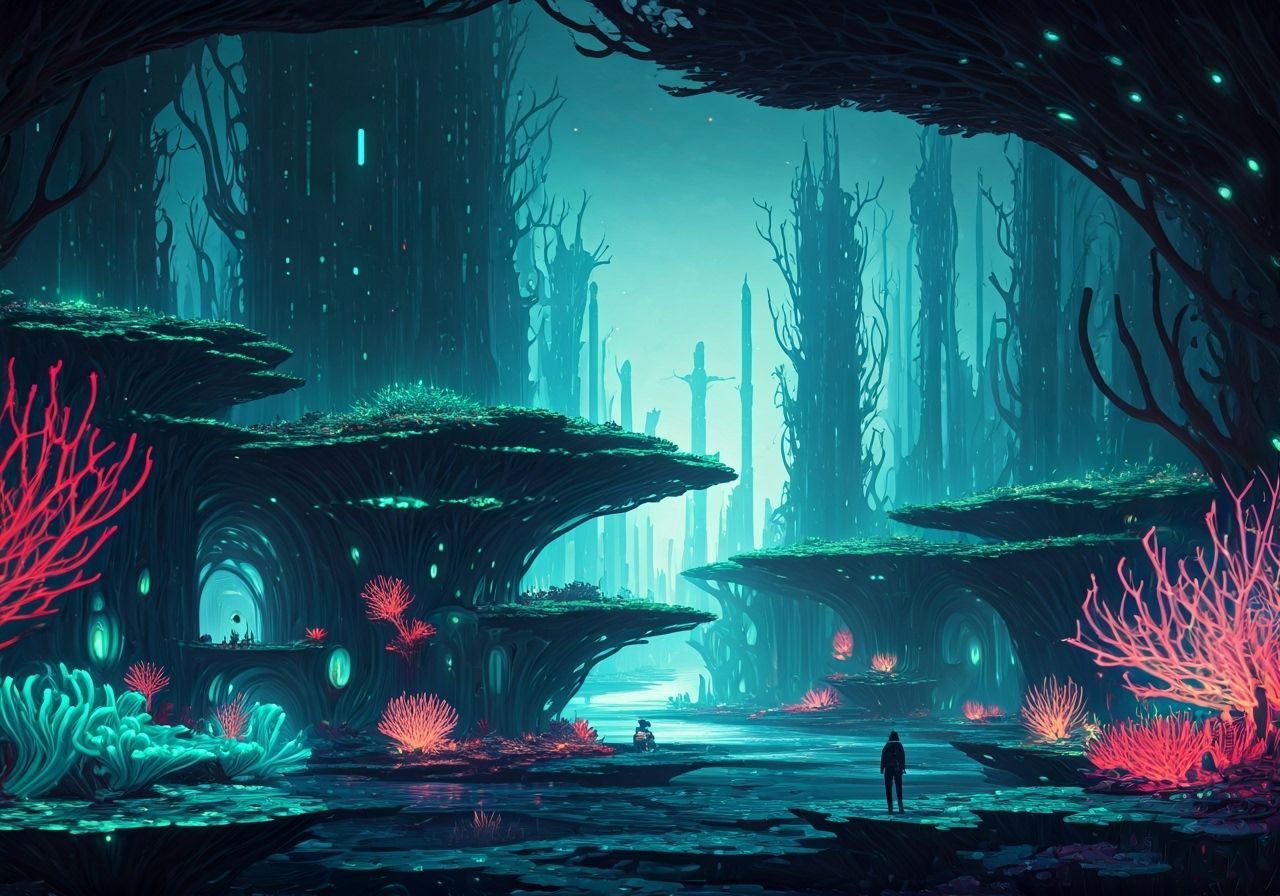 Cyberpunk Coral City with Bioluminescent Glow