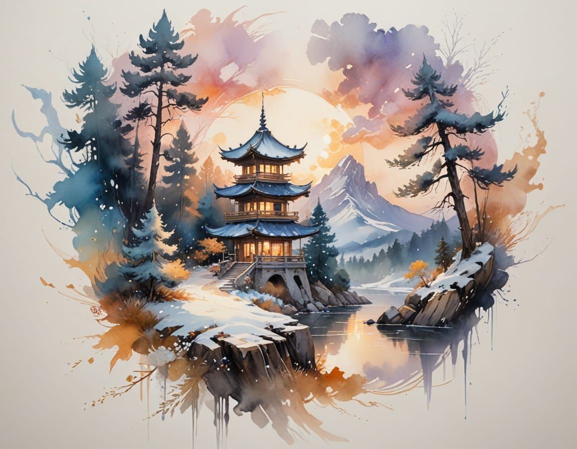 Winter Pagoda in Alcohol Ink Style