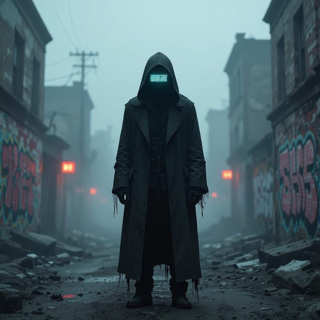 Haunting Cyberpunk Figure in Decaying Cityscape