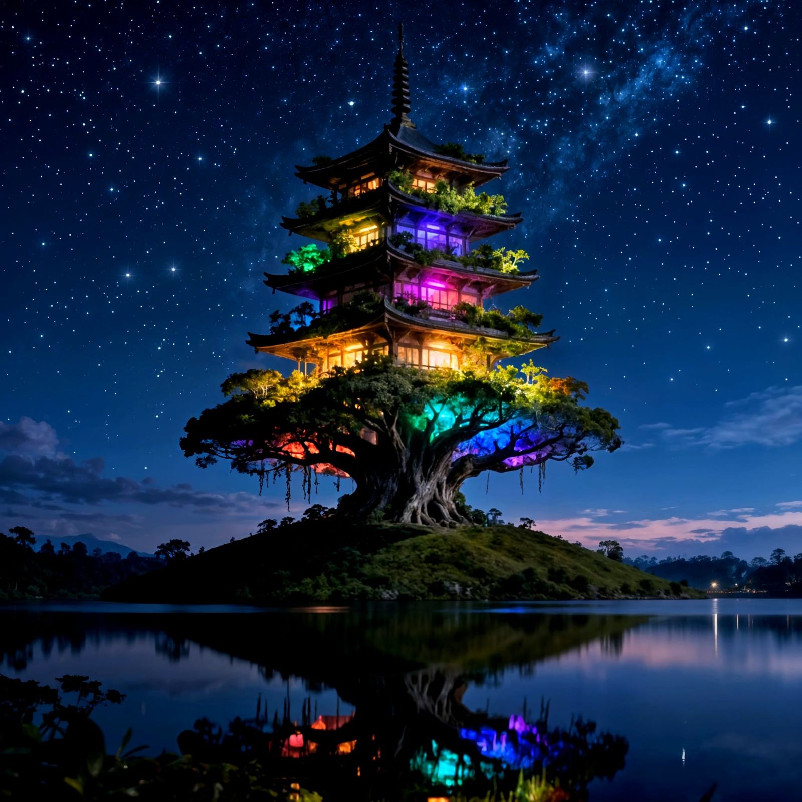 Surreal Pagoda Tree Blooms in Starry Night Landscape