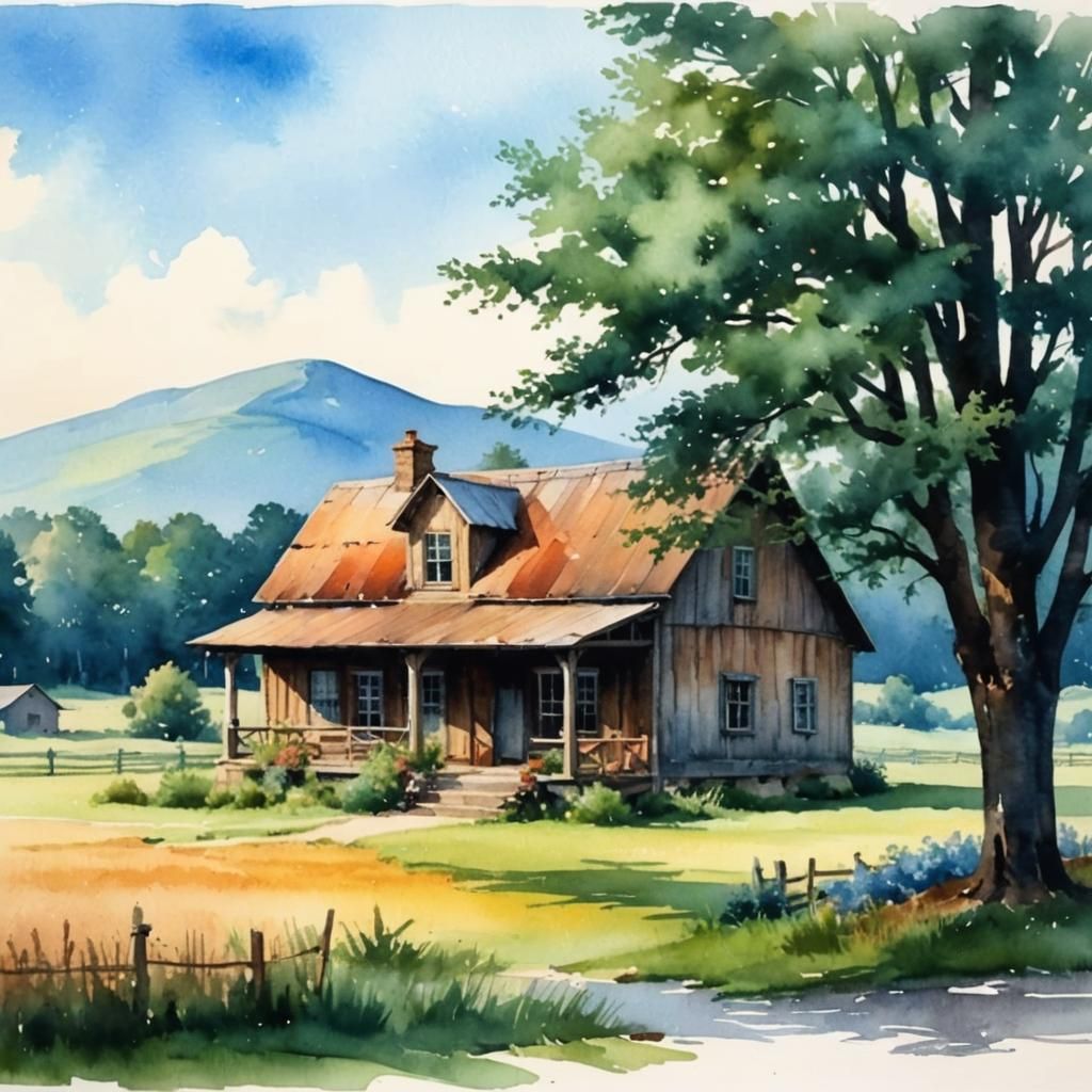 Rustic Farmhouse in Watercolor Style