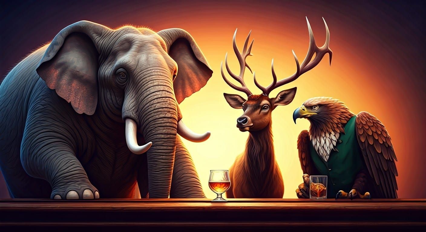 Elephant and Elk at Bar with Eagle Bartender