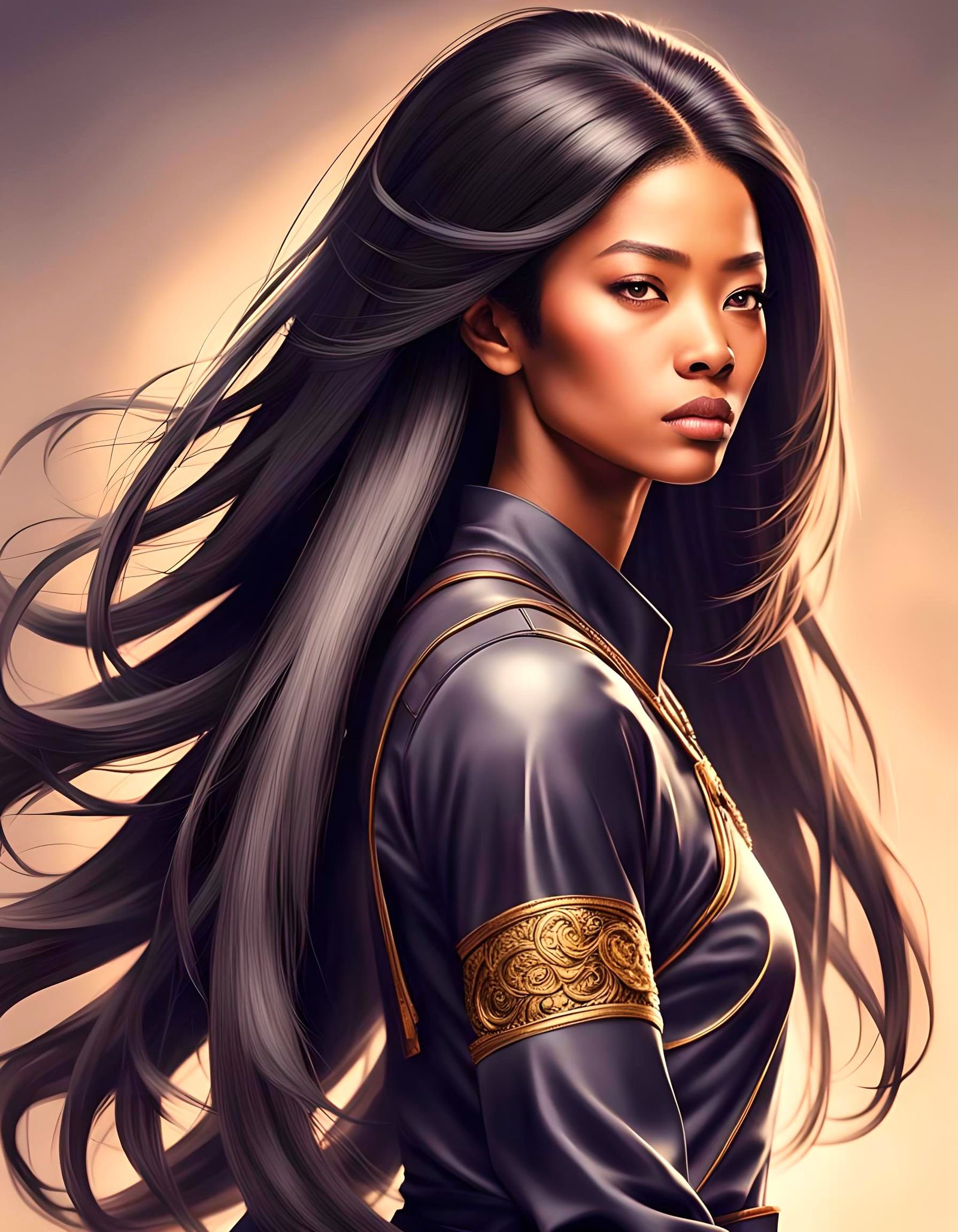 Toned Afro-Asian Woman with Jet-Black Hair