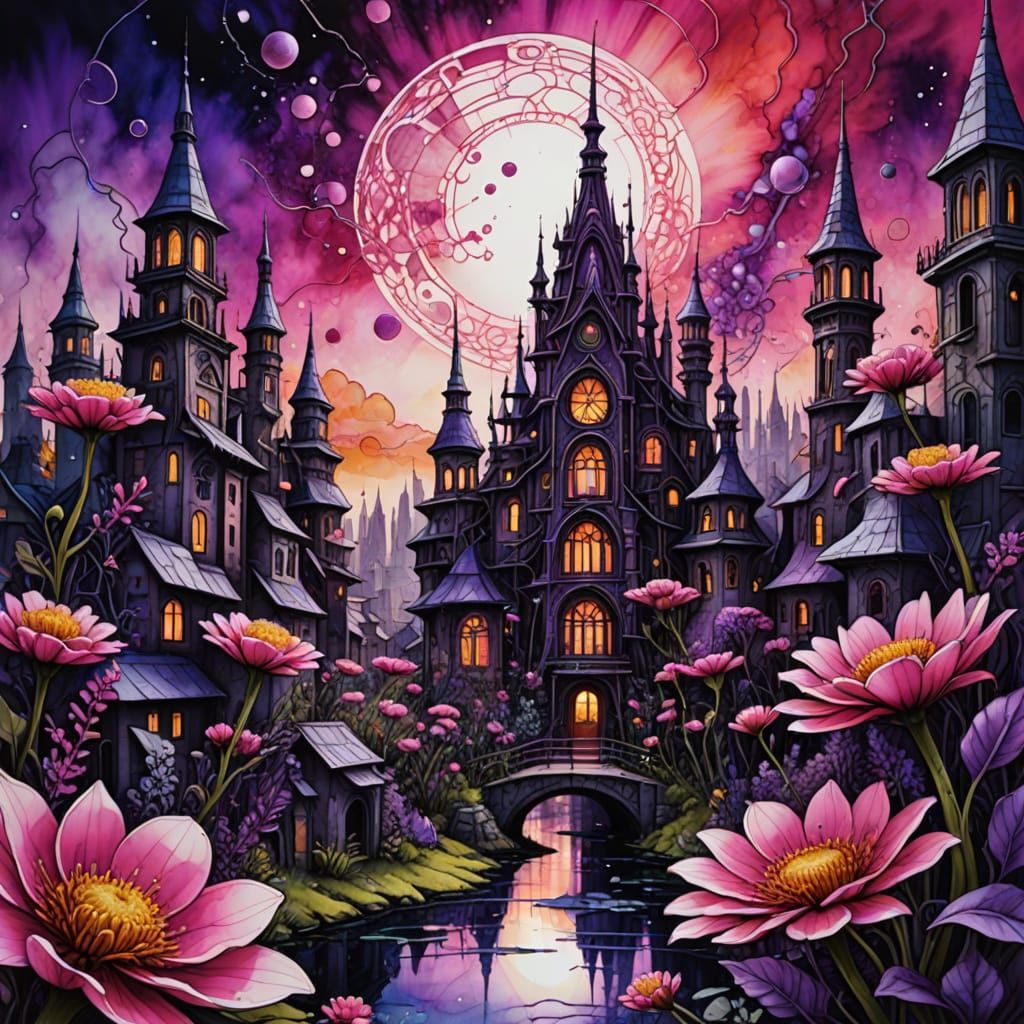 Alien Cityscape with Glowing Flora