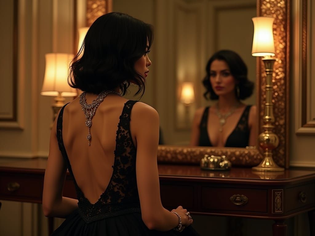 Elegant Woman in Backless Gown, Photorealistic Style