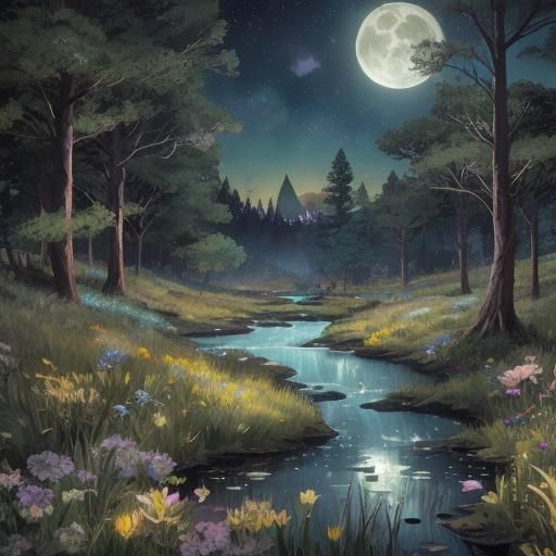 Moonlit Meadow Digital Watercolor with Constellations
