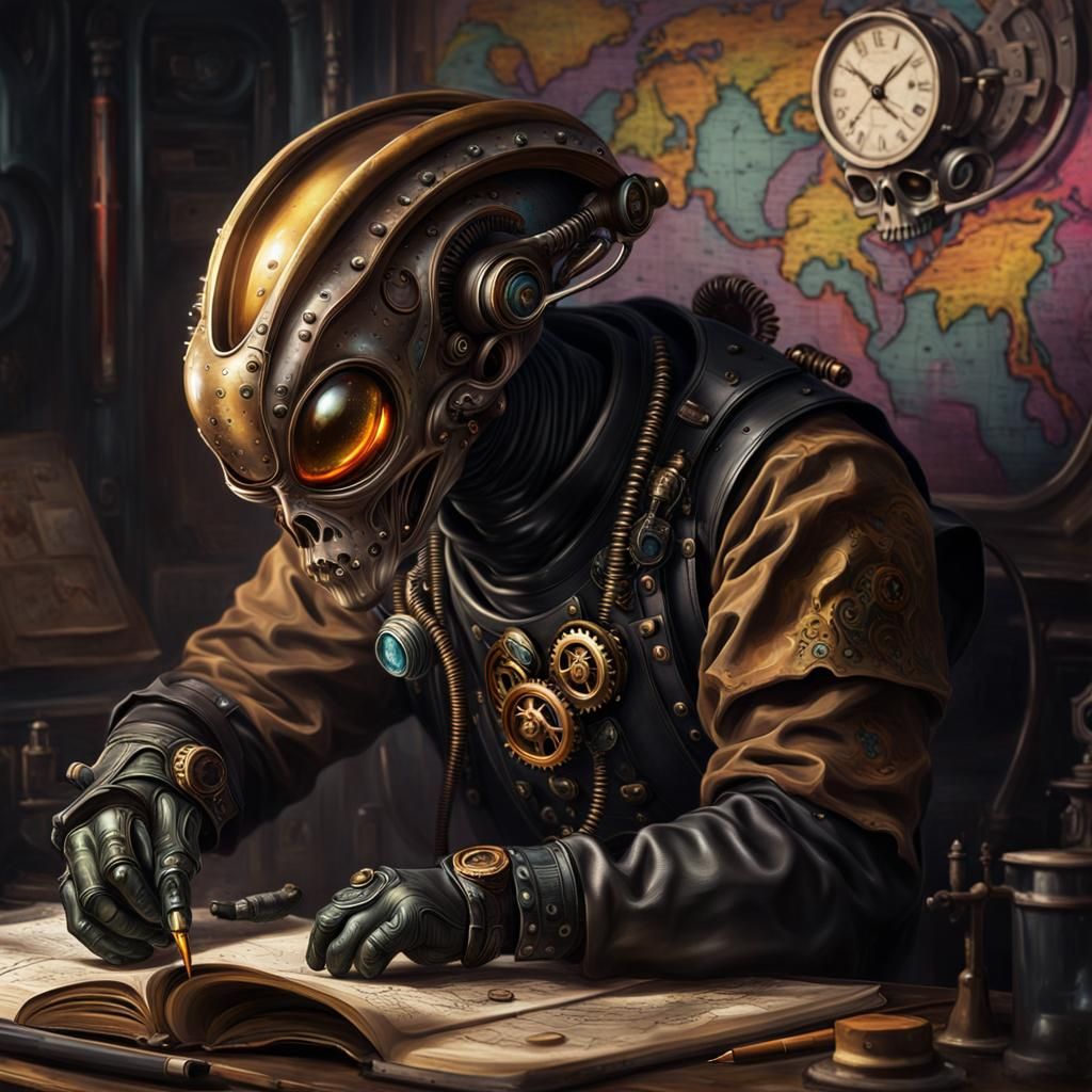 Steampunk Alien Cartographer in Detailed Digital Art