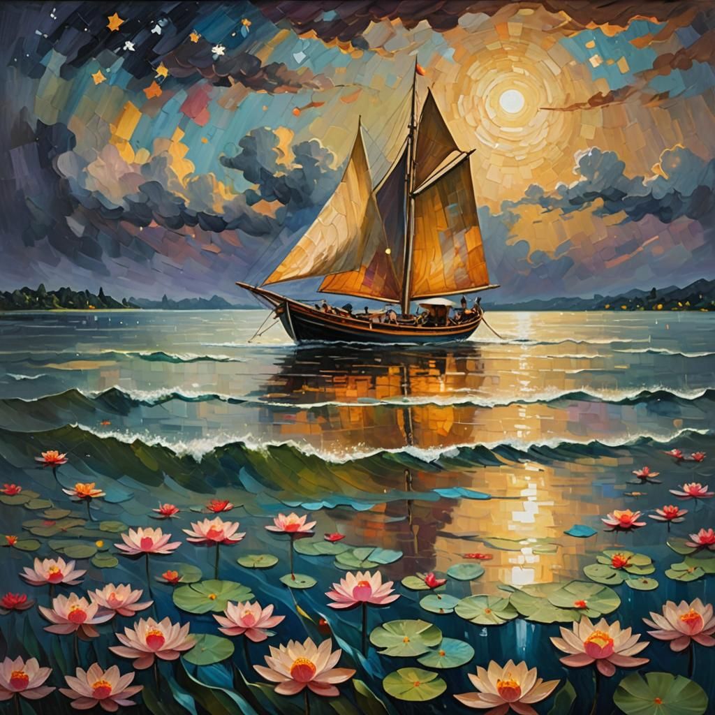Neo-Impressionist Boat Sails on Serene Lake
