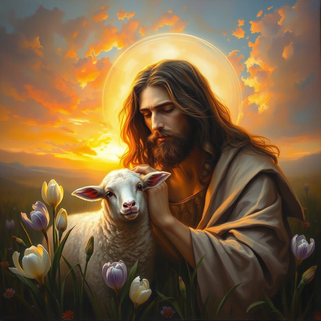 Jesus in a Vibrant Easter Sunrise Landscape, Fantasy Impasto...