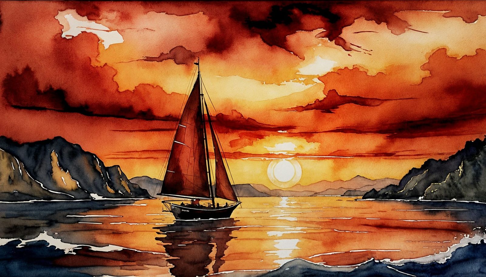 Antique Watercolor Sailboat at Sunset
