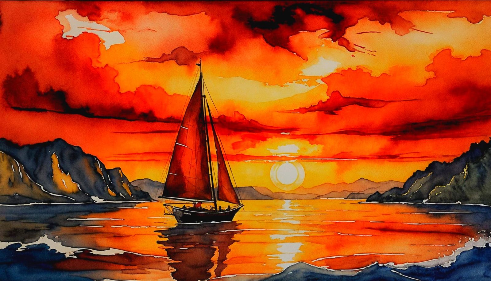 Red Sailboat at Sunset in Alcohol Ink Style