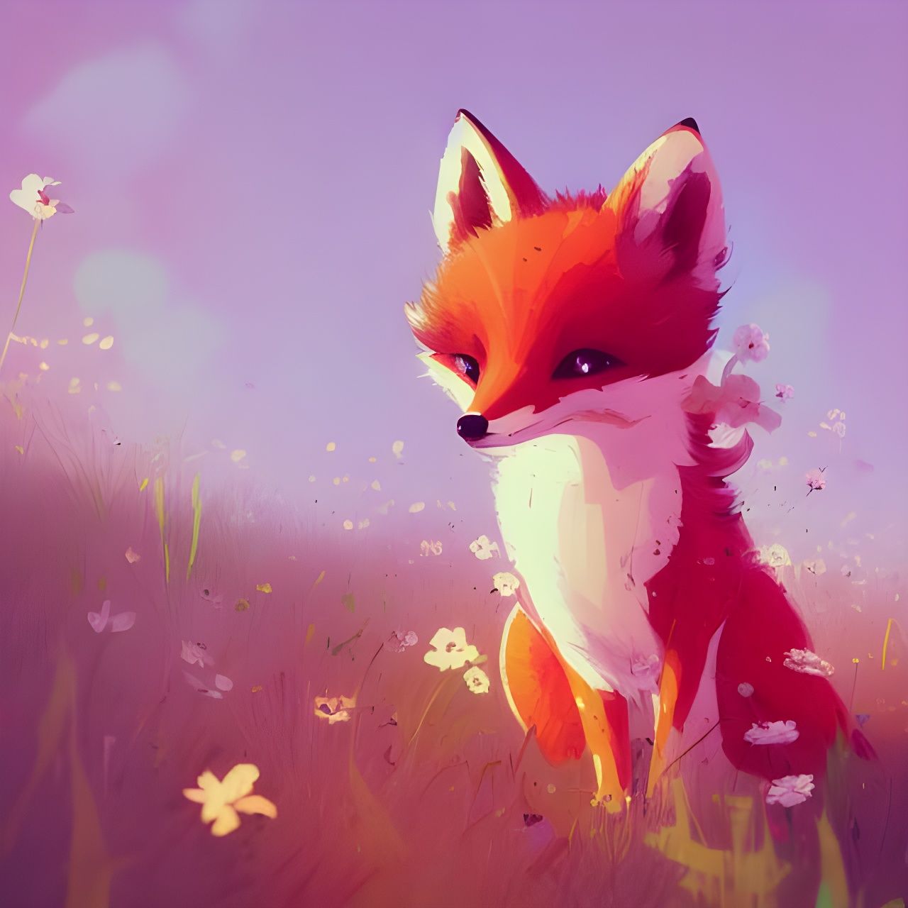 Cute Tiny Fox in Flower Meadow, Digital Art
