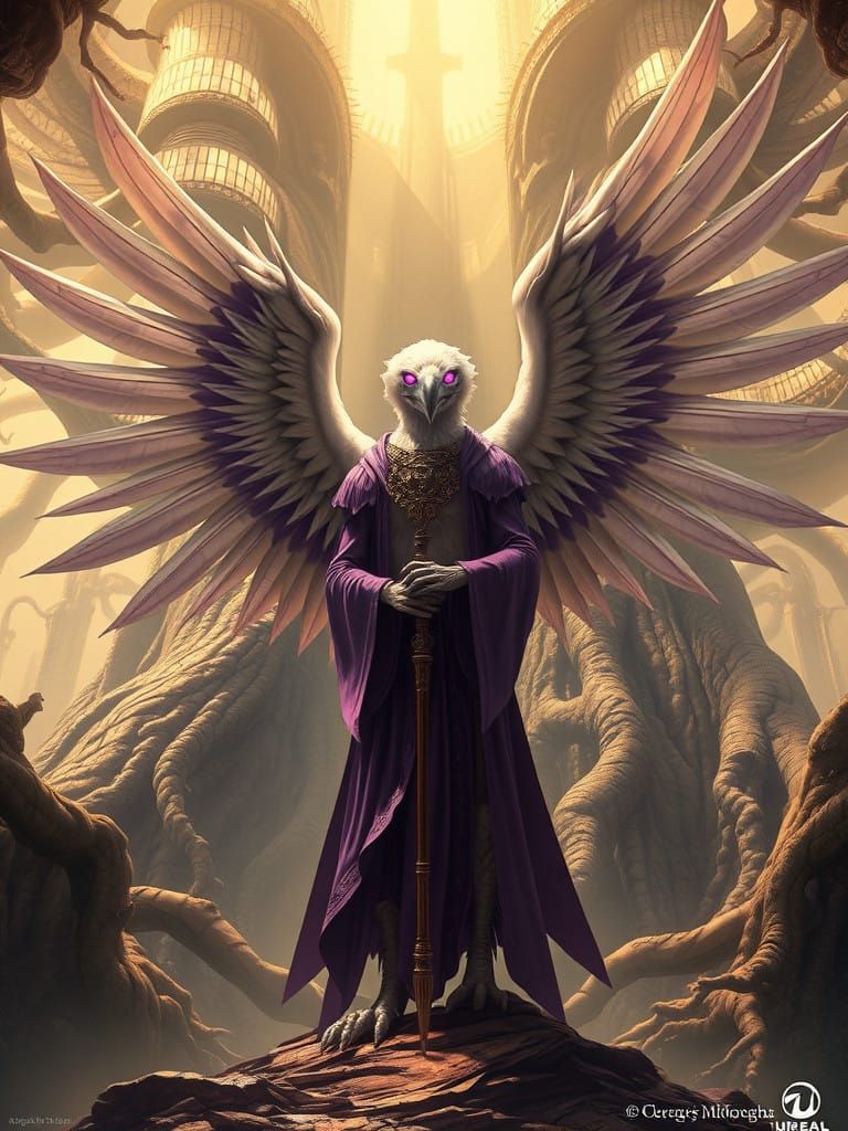 Ethereal Avian Cleric in Majestic Fantasy Tree City