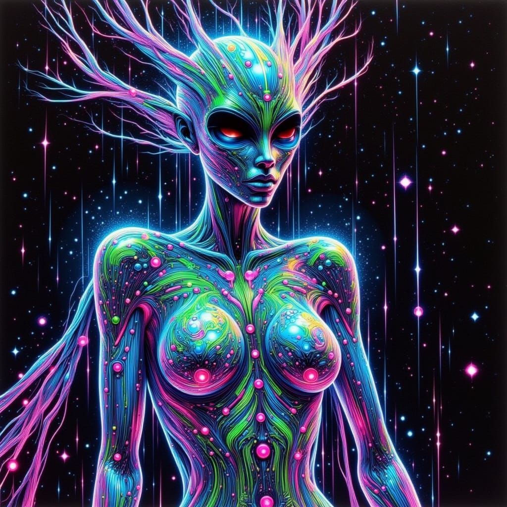 Ethereal Alien Woman in Neon Circuitry Art