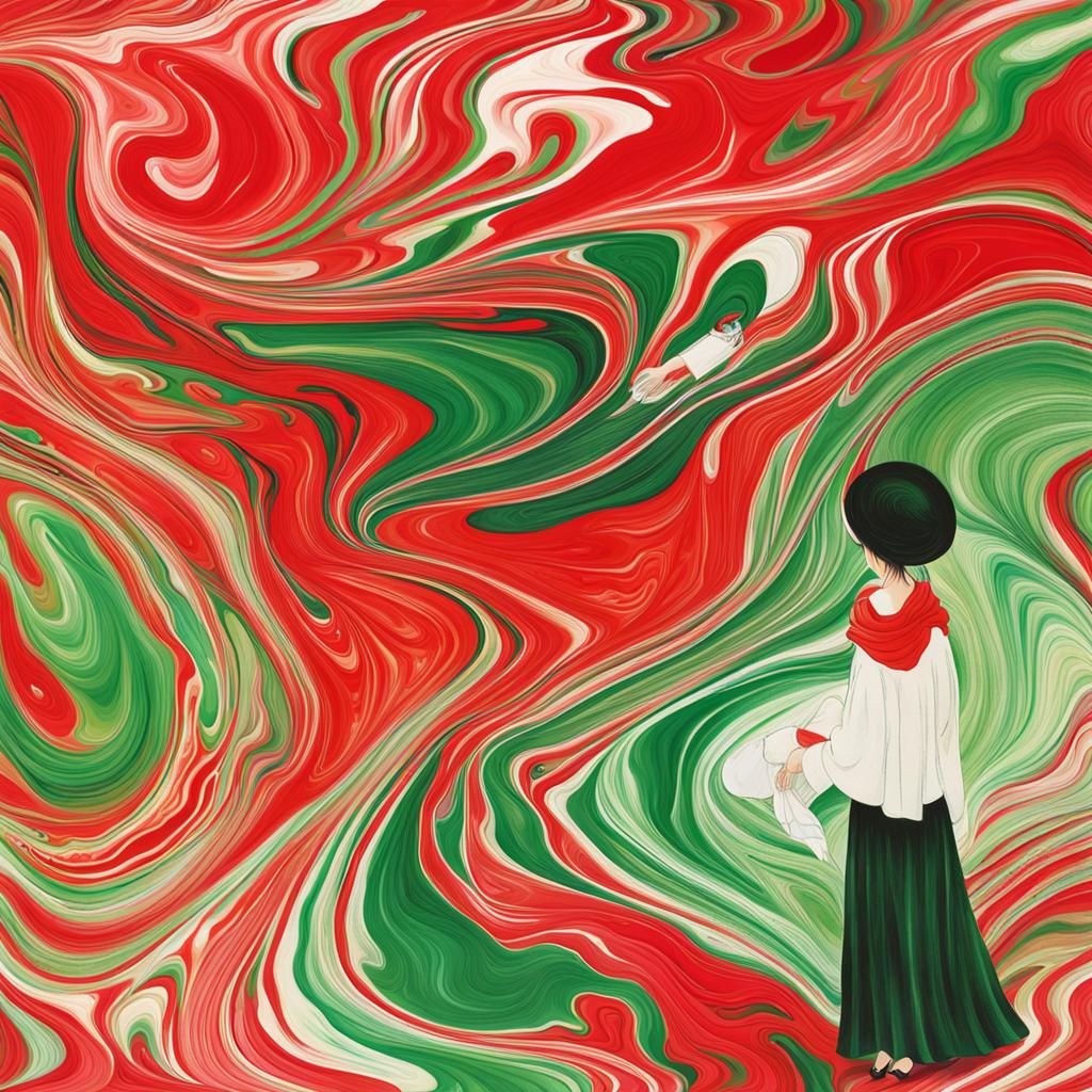 Suminagashi Marbling Abstract with Cat and Lady