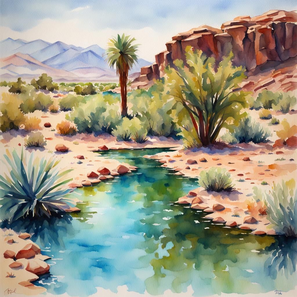 Desert Oasis with Turquoise Pond in Watercolor