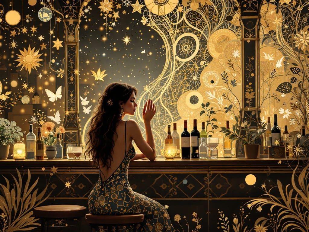 Whimsical Bar Scene in Elegant, Celestial Style