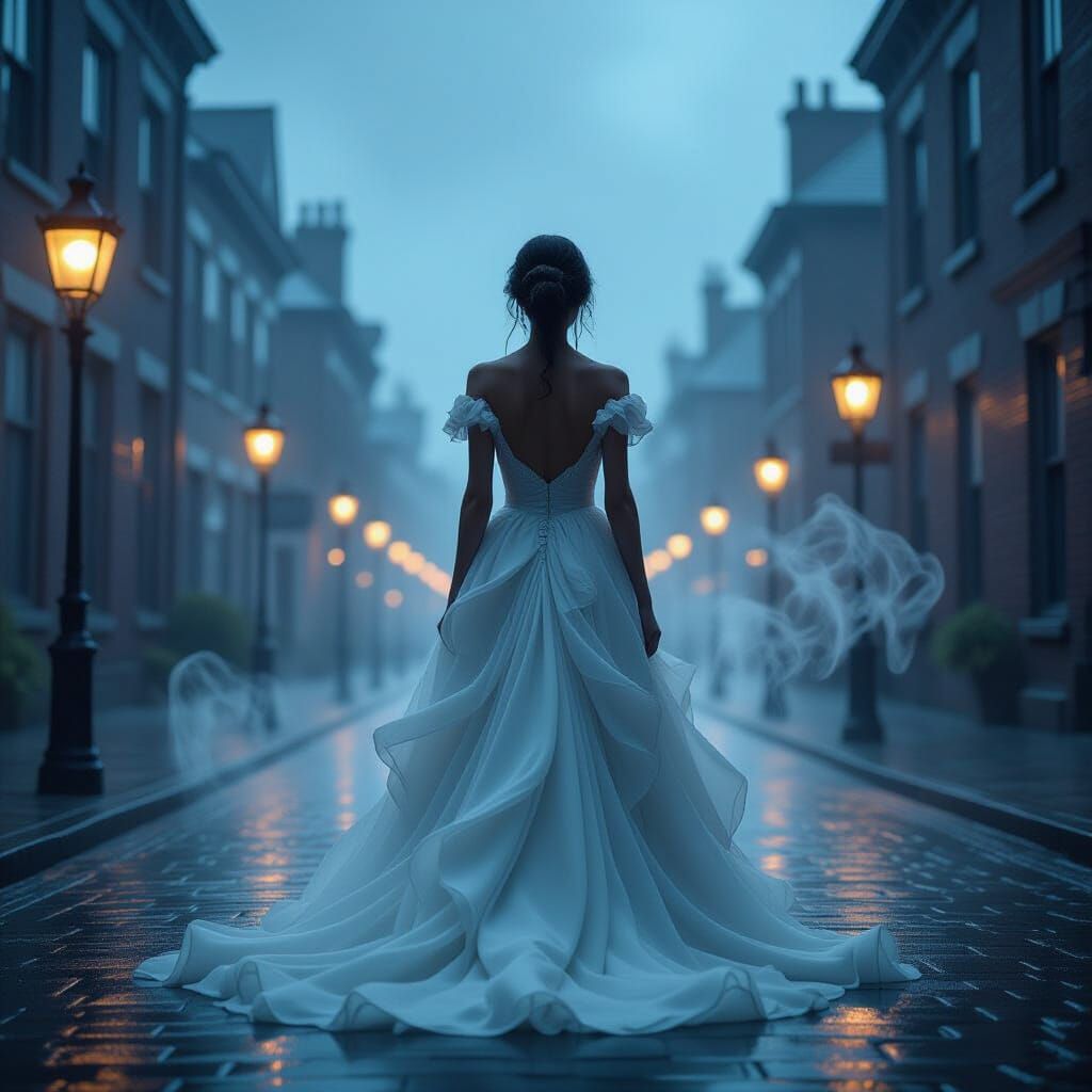 Mysterious Fog Woman in Stormy Victorian Town