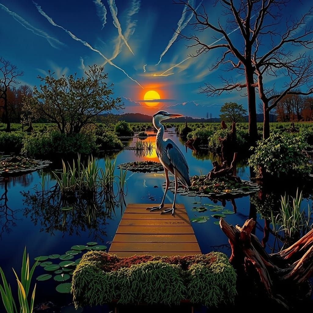 Dreamlike River Delta at Sunset with Heron