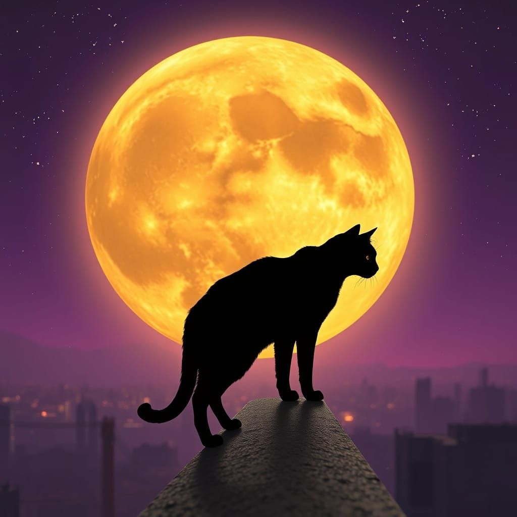Moonlit Feline Vigilant on Rooftop