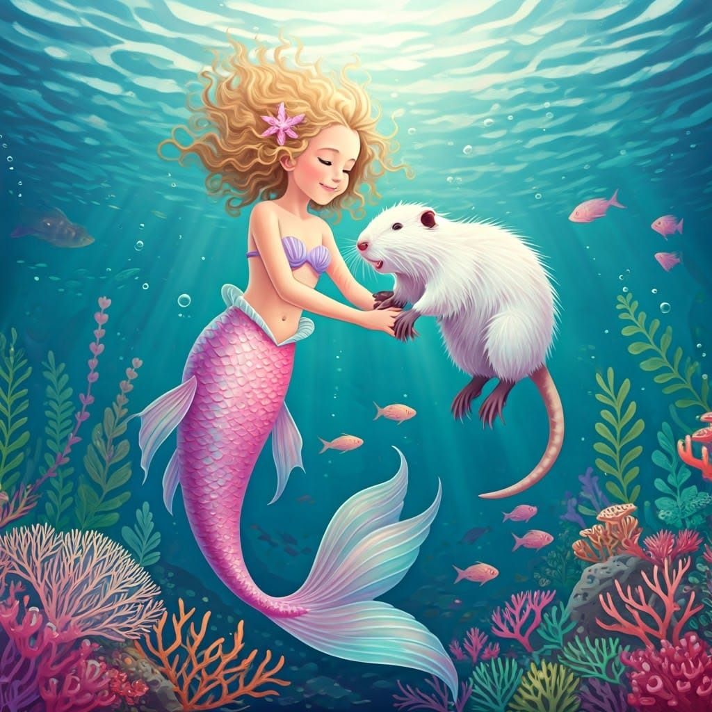 Mermaid and Nutria Underwater Fantasy Illustration