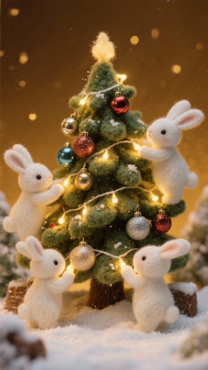 Cute Felt Rabbits Decorate Christmas Tree in Snowy Scene