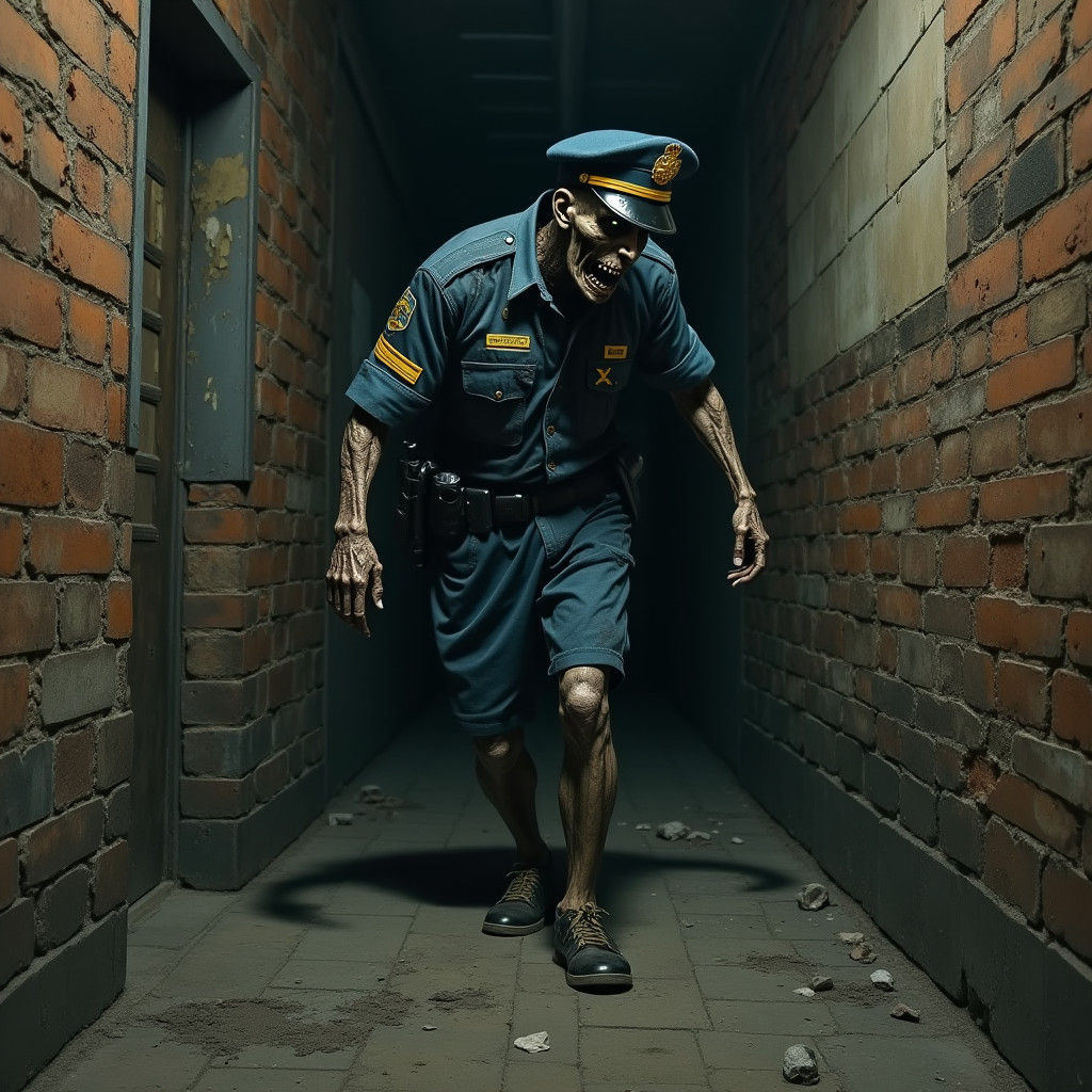 Undead Officer in Decaying Basement, Gritty Art