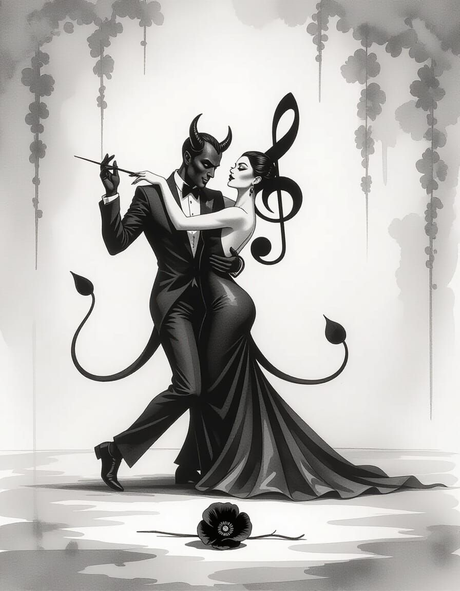 Devil's Dance: Surreal Charcoal Drawing with Treble Clef