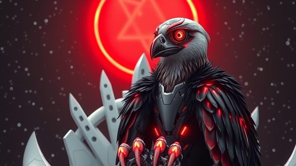 Robotic Falcon with Red Eyes and Feathers