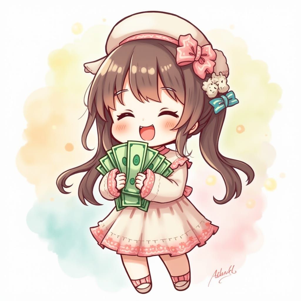 Anime Girl with Dollar Bills in Watercolor Style