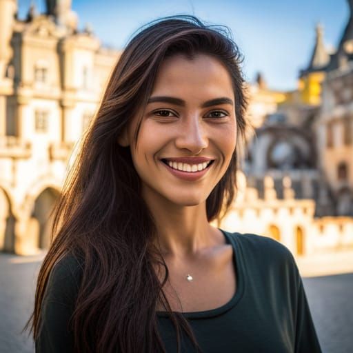 Smiling Woman at Pena Palace: Hyperdetailed Portrait