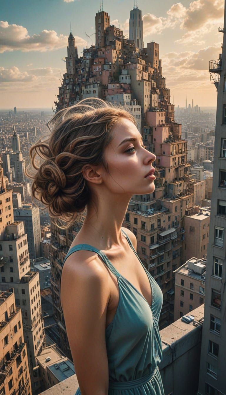 Surreal Cityscape with Dreamlike Towns as Gritty Oil Paintin...