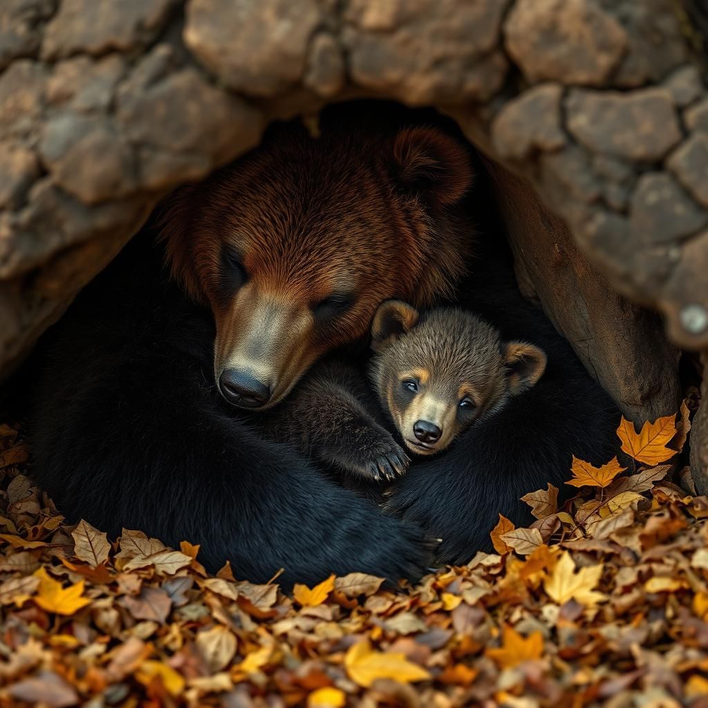 Mother Bear and Cub Hibernating in Autumn Cave